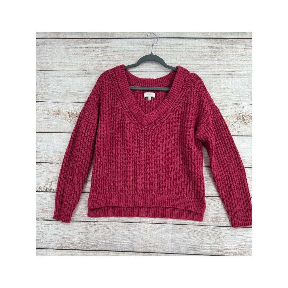 Lucky Brand V-Neck Oversized Long Sleeve Sweater Womens Medium Hot‎ Pink
